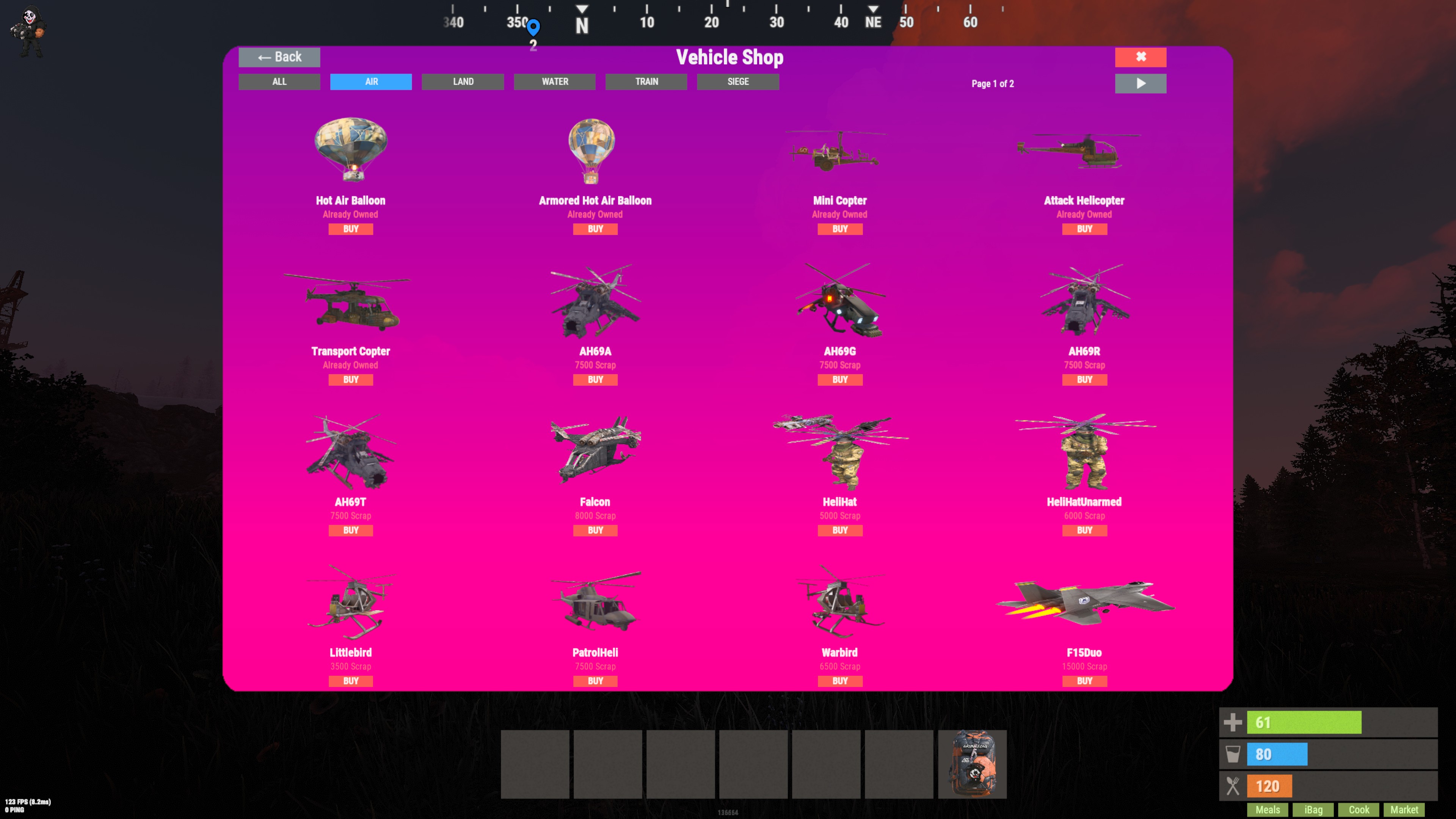 Rust Vehicles GUI shop with vehicle categories