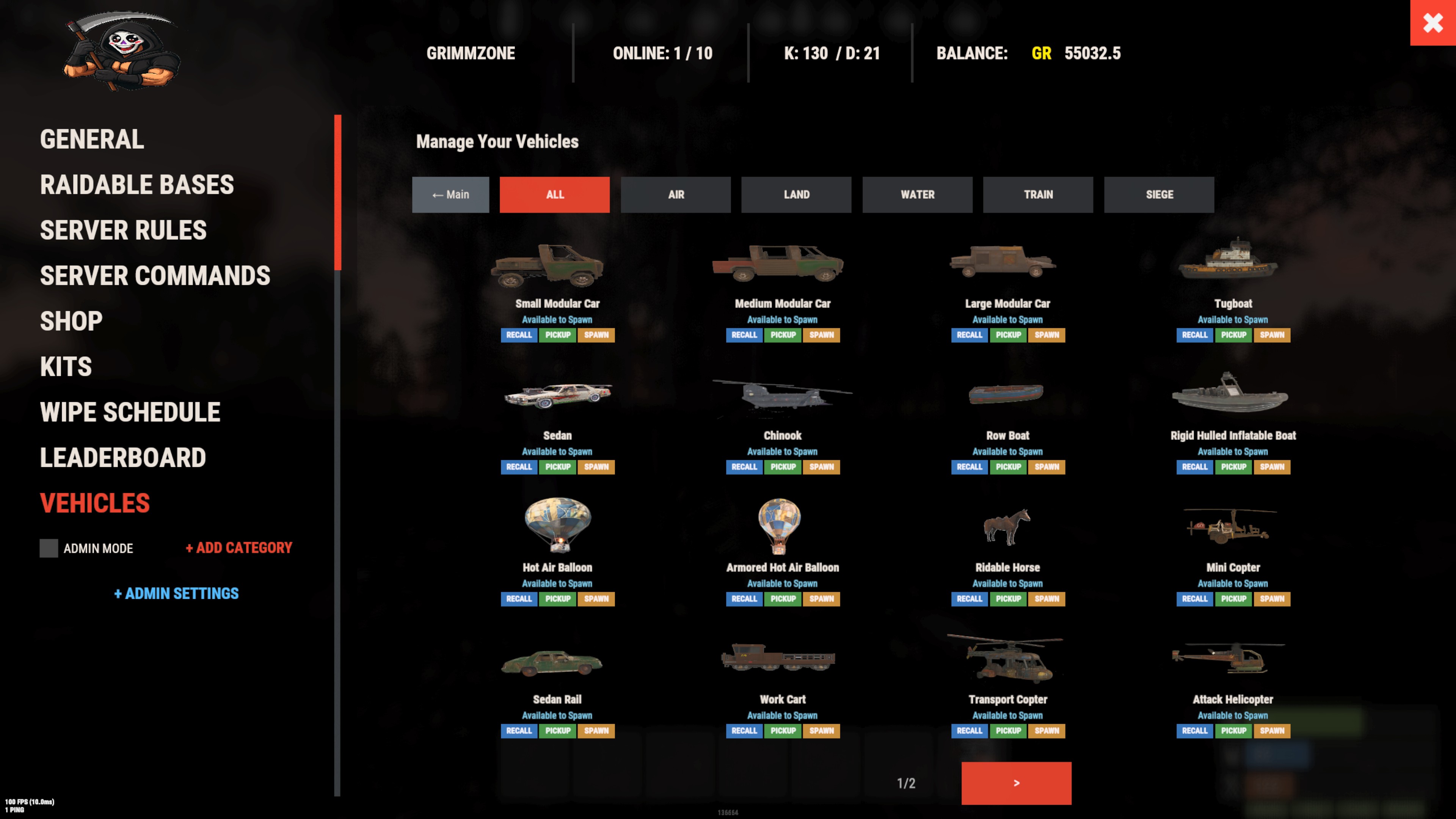Rust Vehicles GUI ServerPanel management view