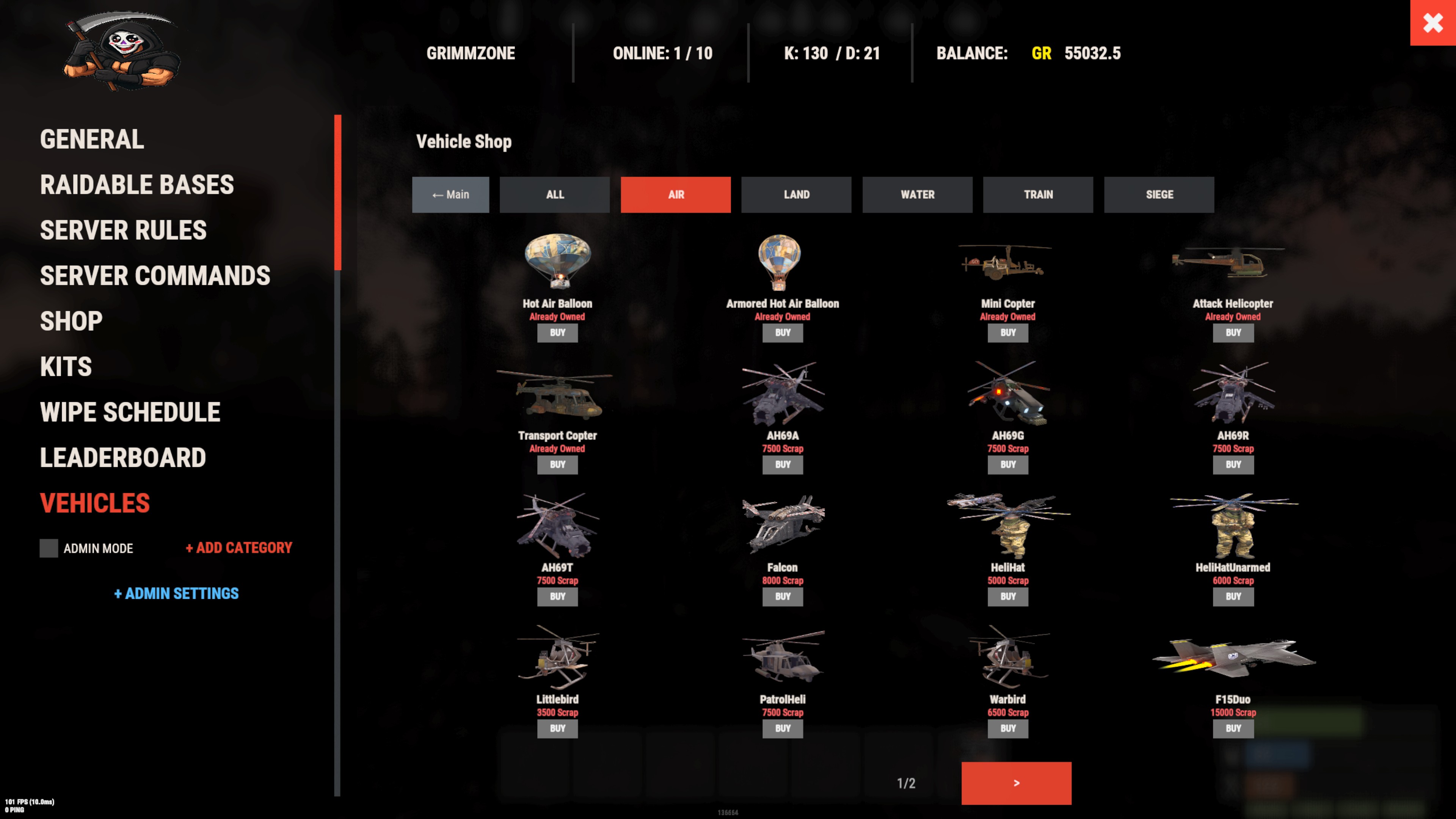 Rust Vehicles GUI ServerPanel shop view